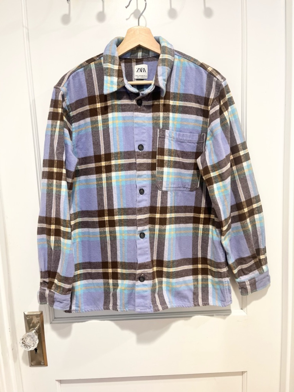 Zara Plaid Shacket Blue Medium Cotton Flannel Shirt Jacket